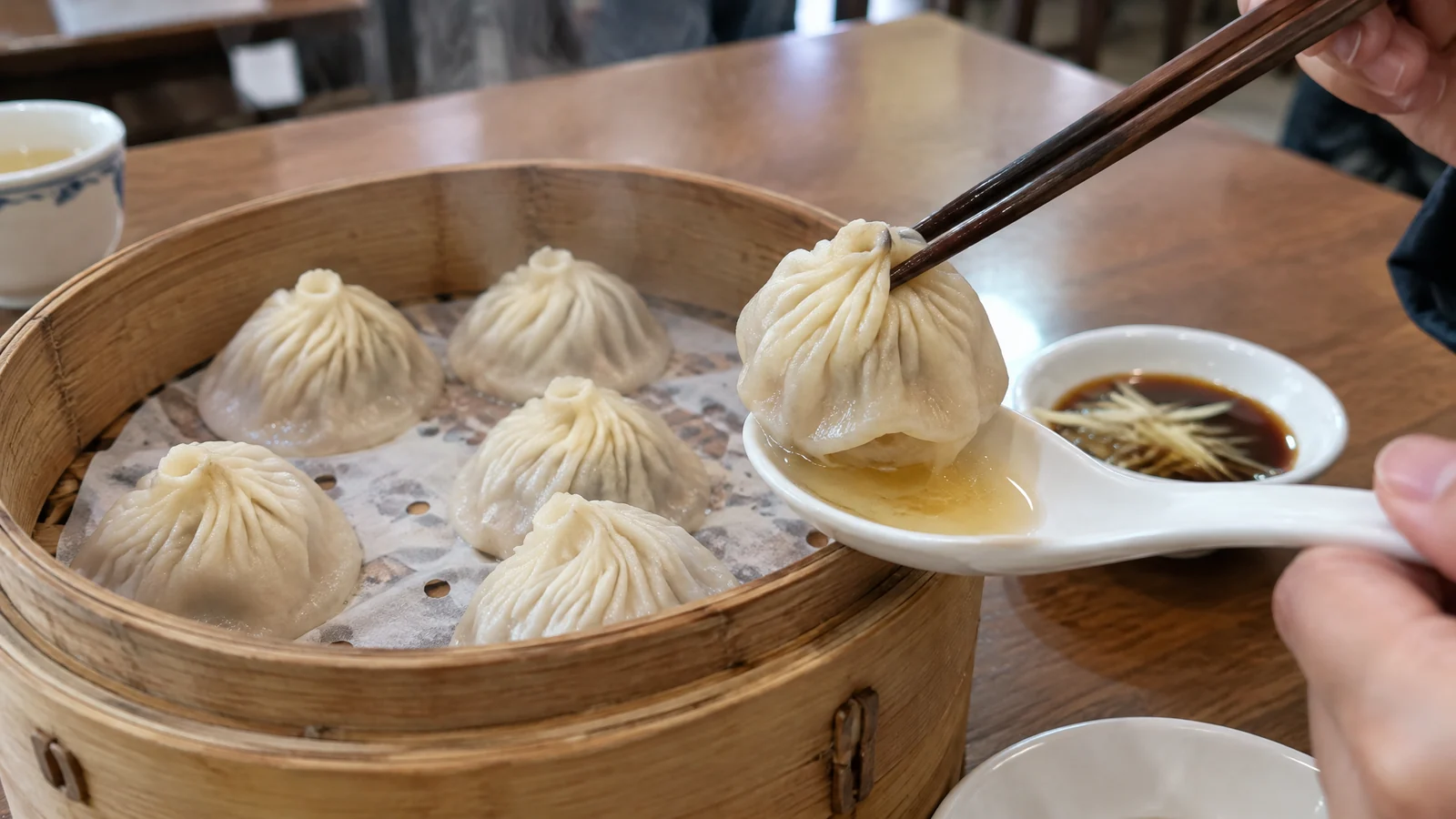 Xiaolongbao al vapor levantado con palillos sobre una cuchara para probar el caldo