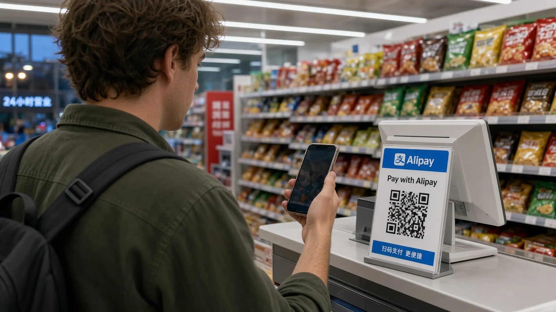 Turista pagando con Alipay en tienda de conveniencia