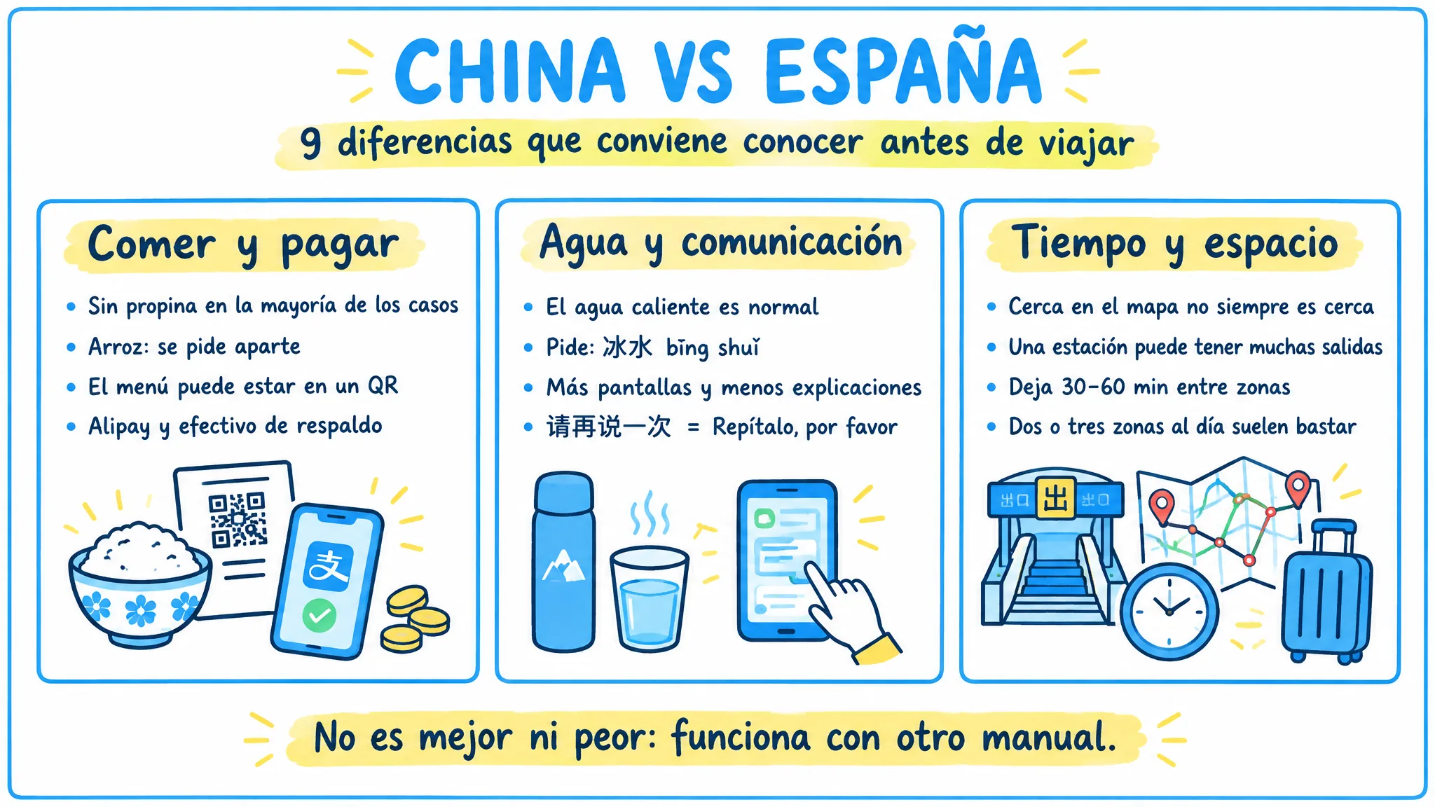 Comparación ilustrada de diferencias cotidianas entre China y España