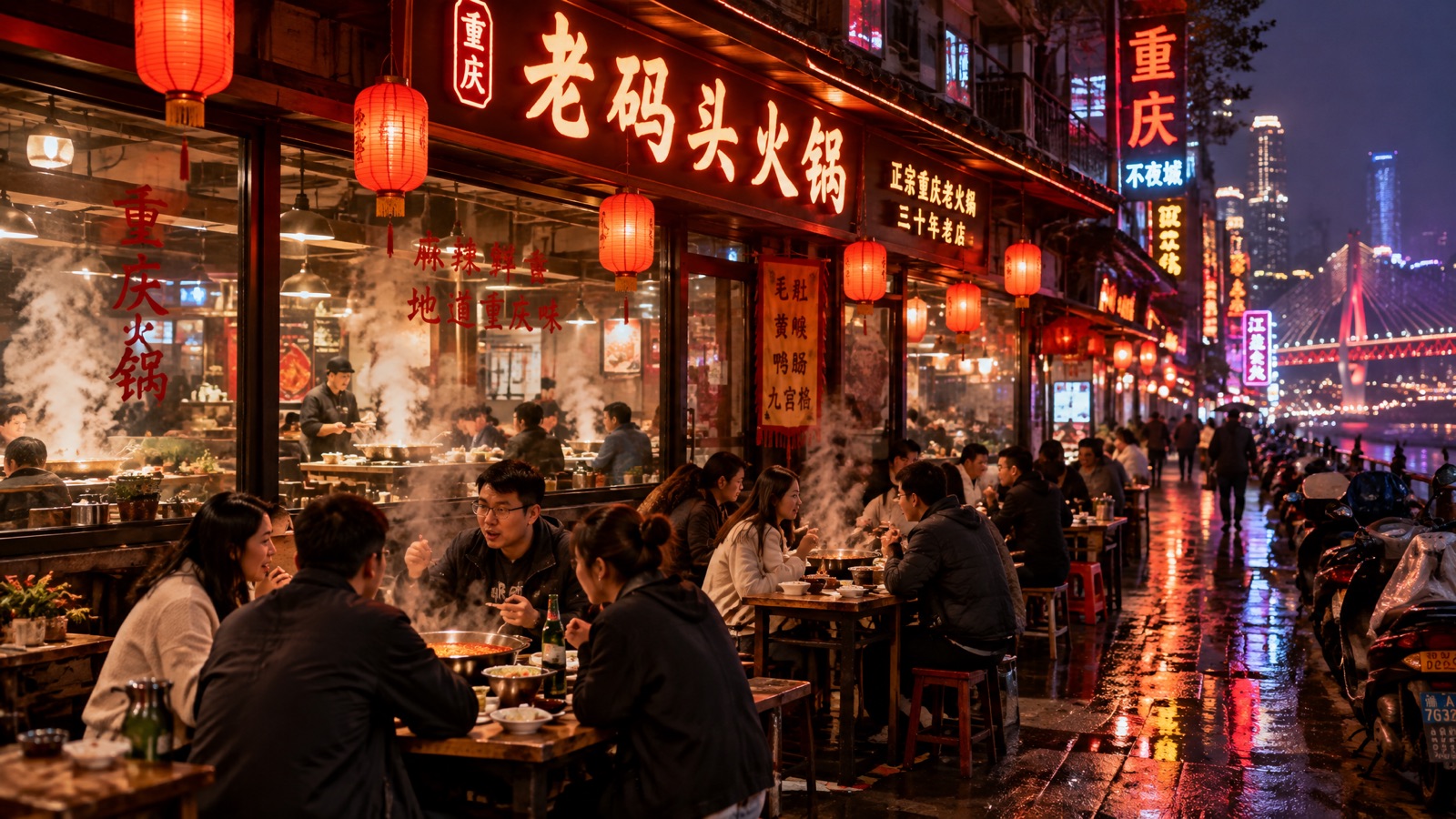 Calles iluminadas de Chongqing al anochecer
