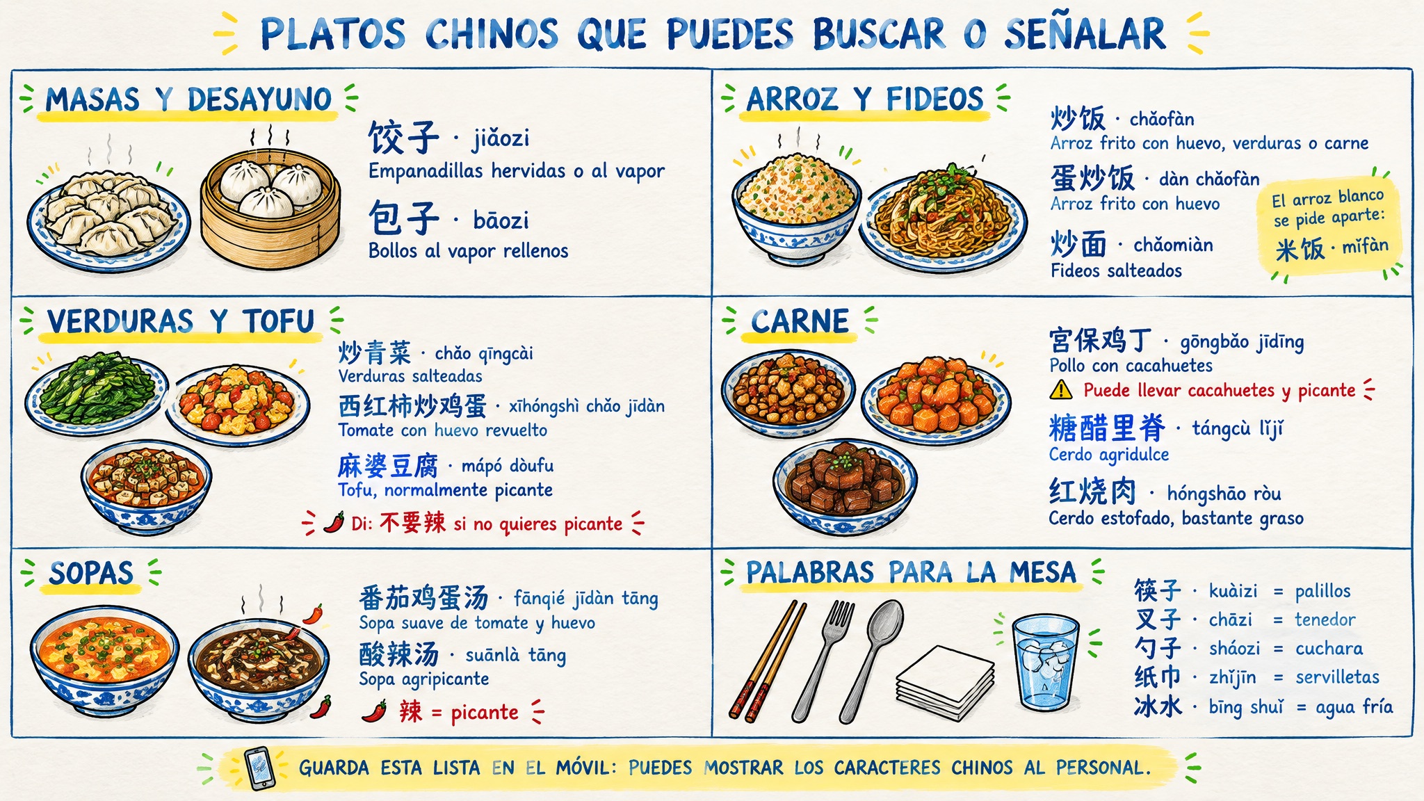 Platos chinos comunes con caracteres y traducción al español