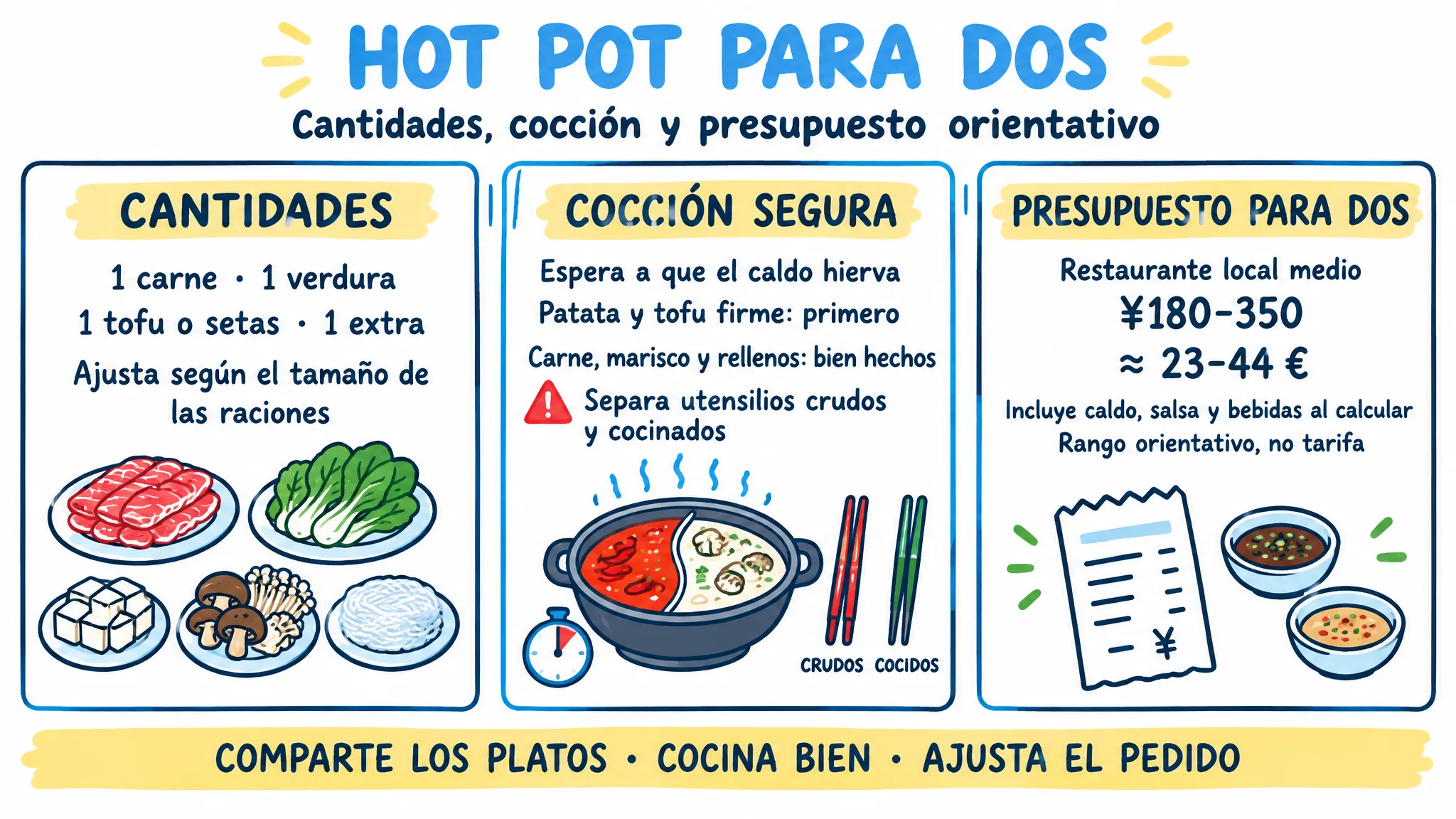 Infografía de hot pot para dos con cantidades, cocción segura y presupuesto orientativo de 180 a 350 yuanes
