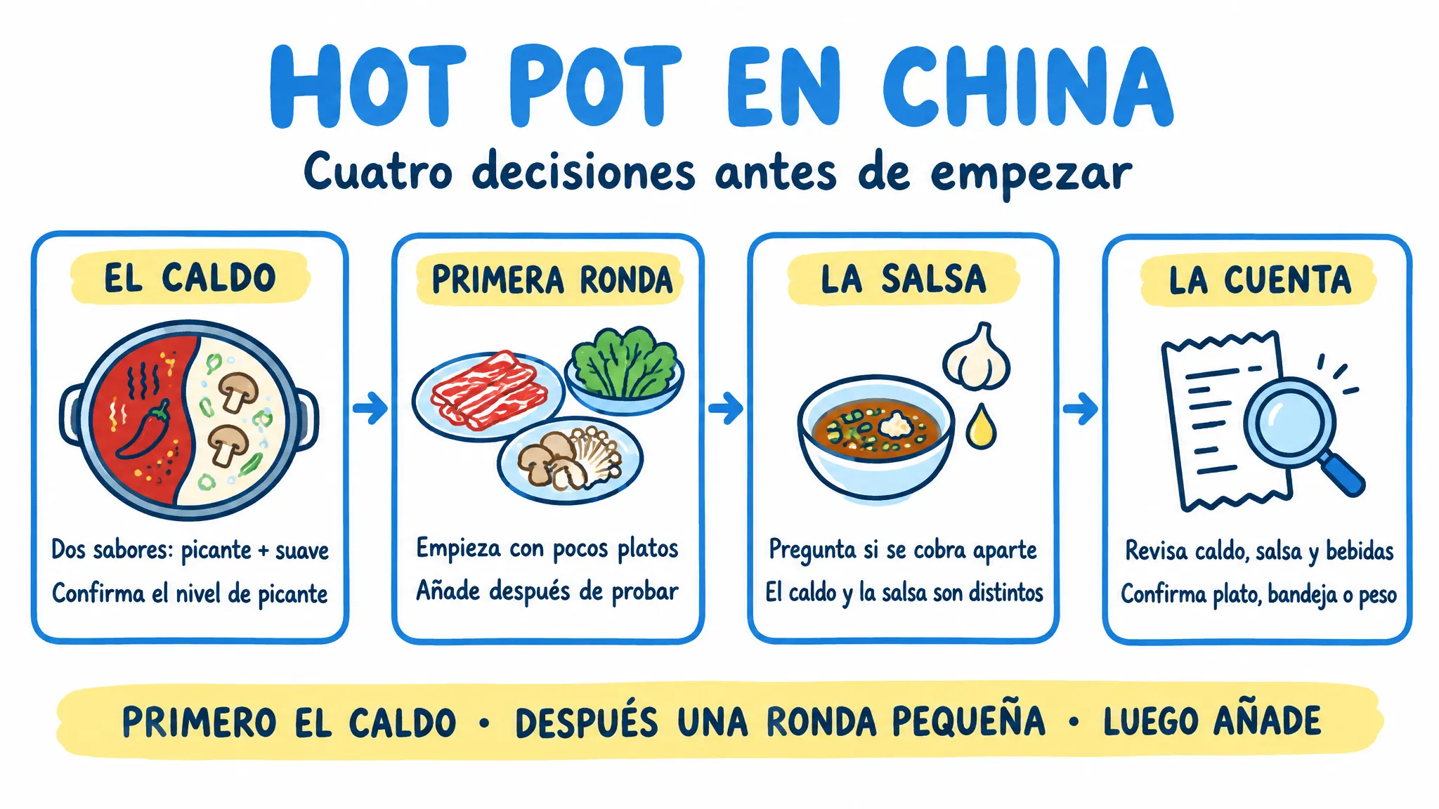 Flujo de cuatro decisiones para pedir hot pot: elegir el caldo, pedir una primera ronda, preparar la salsa y revisar la cuenta