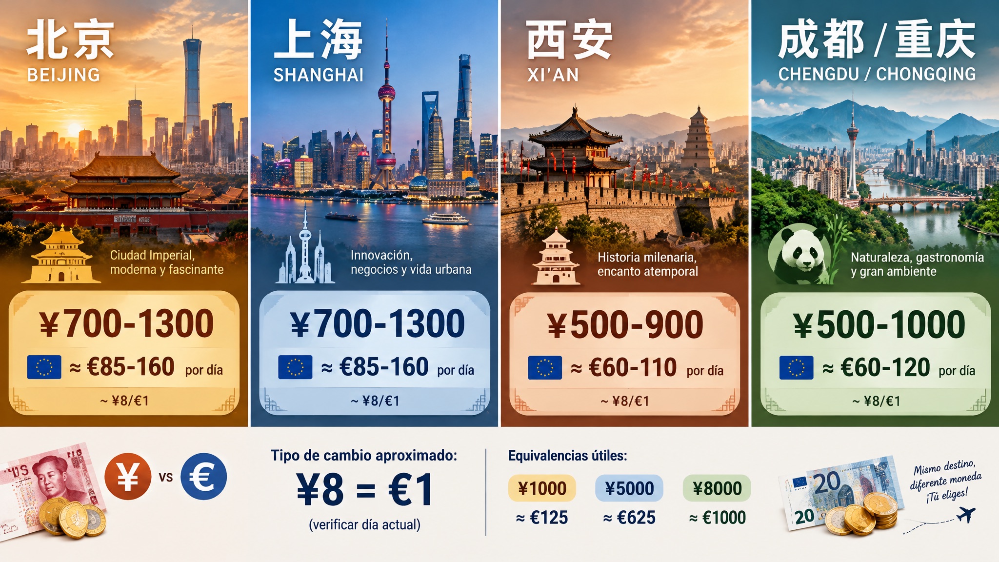Comparación de presupuesto diario para viajar por distintas ciudades de China