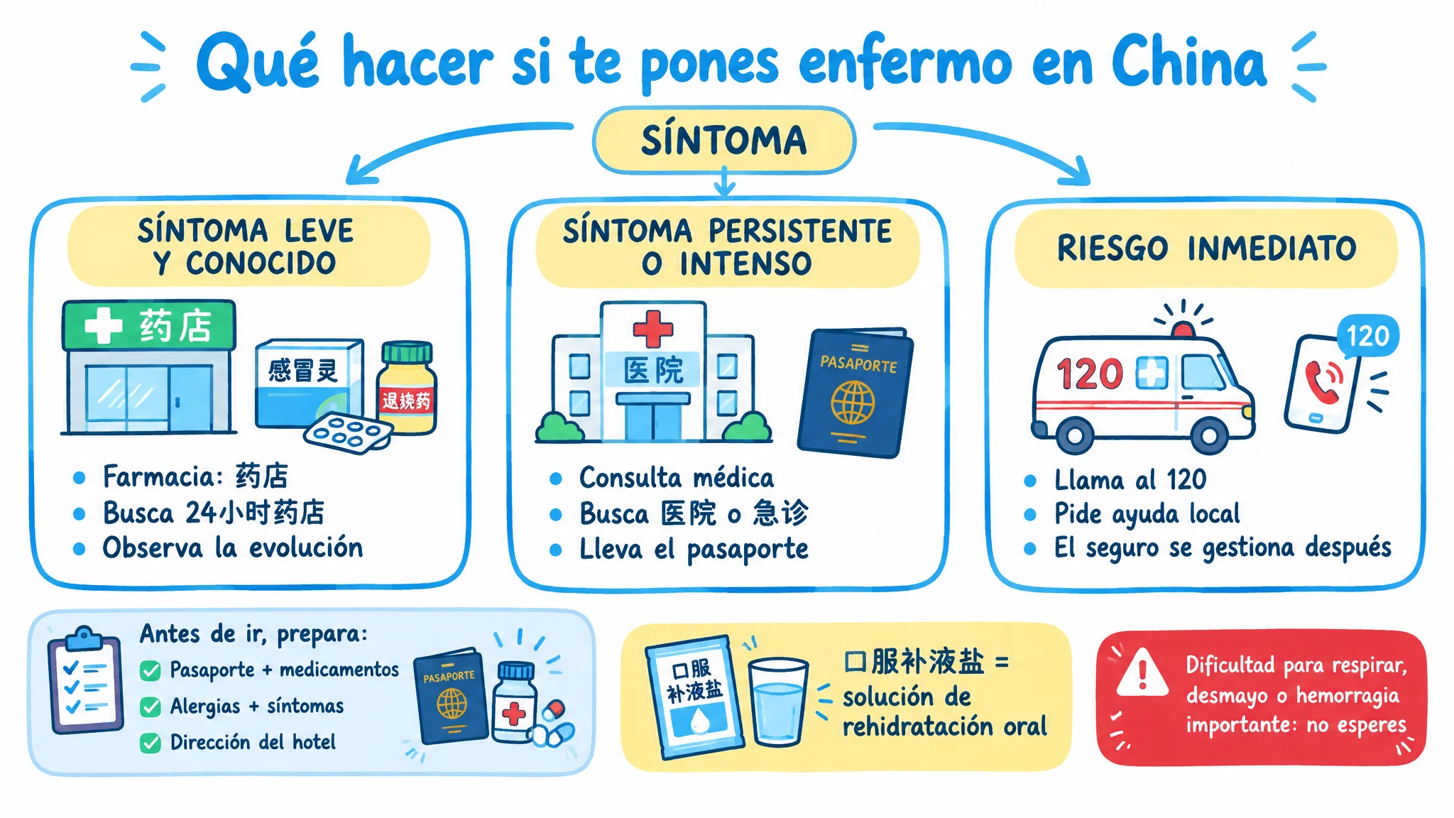 Cómo elegir entre farmacia, consulta médica y llamar al 120 según los síntomas durante un viaje a China