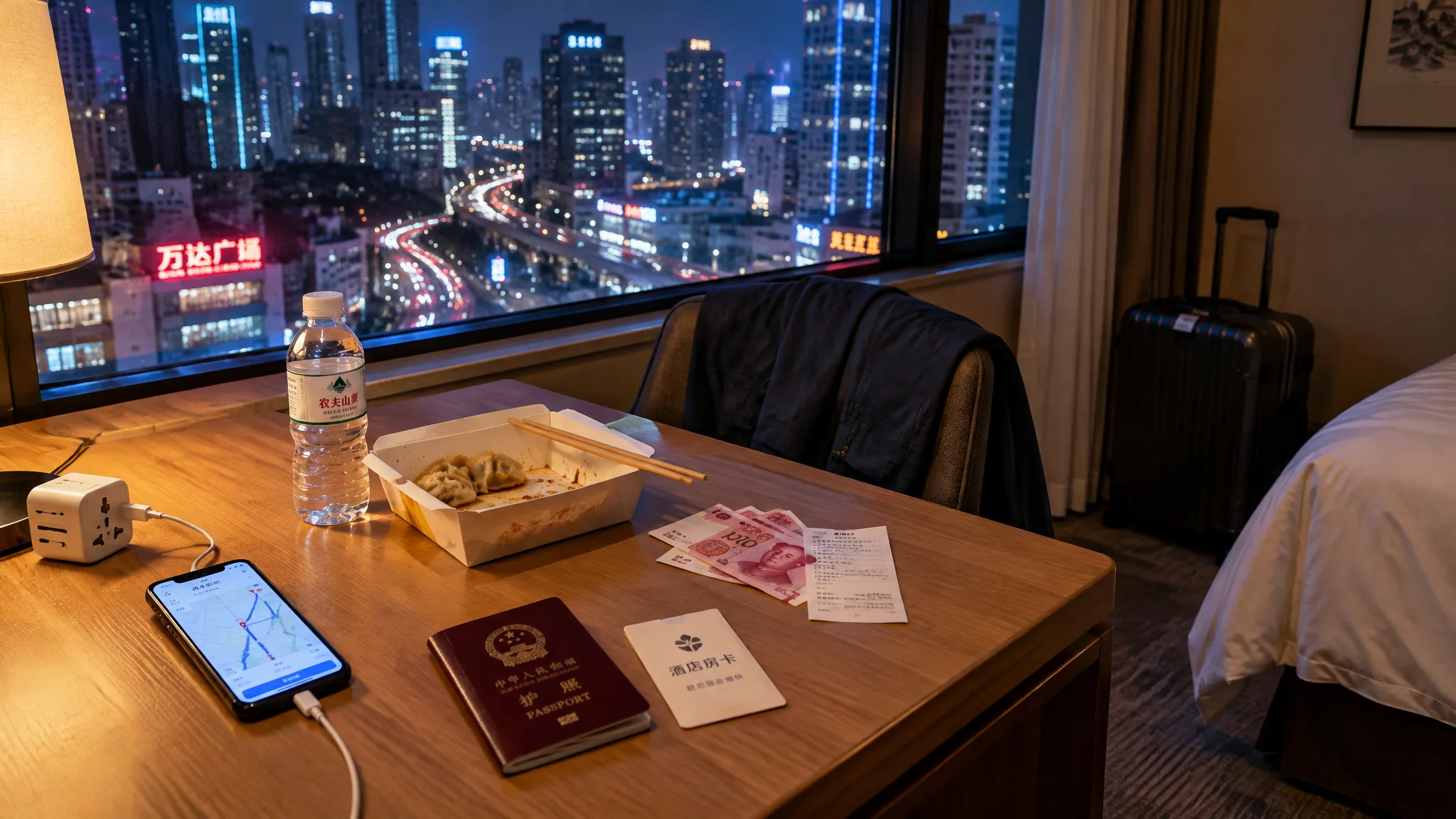Viajero revisando el mapa, el dinero y la reserva en su primera noche en China