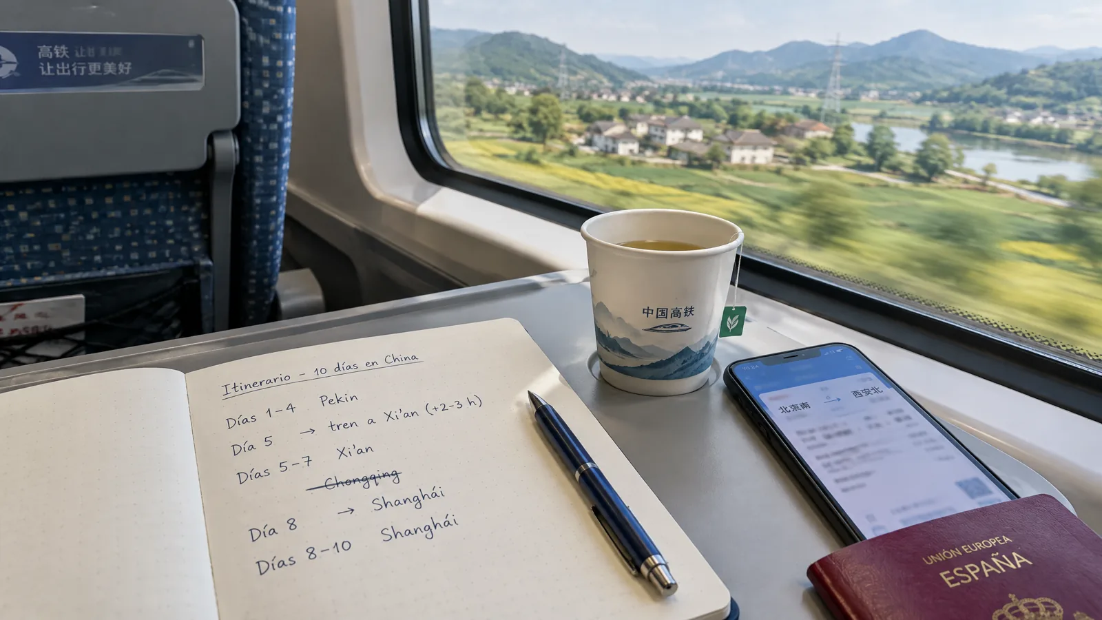 Cuaderno de itinerario junto a una ventana de tren de alta velocidad en China