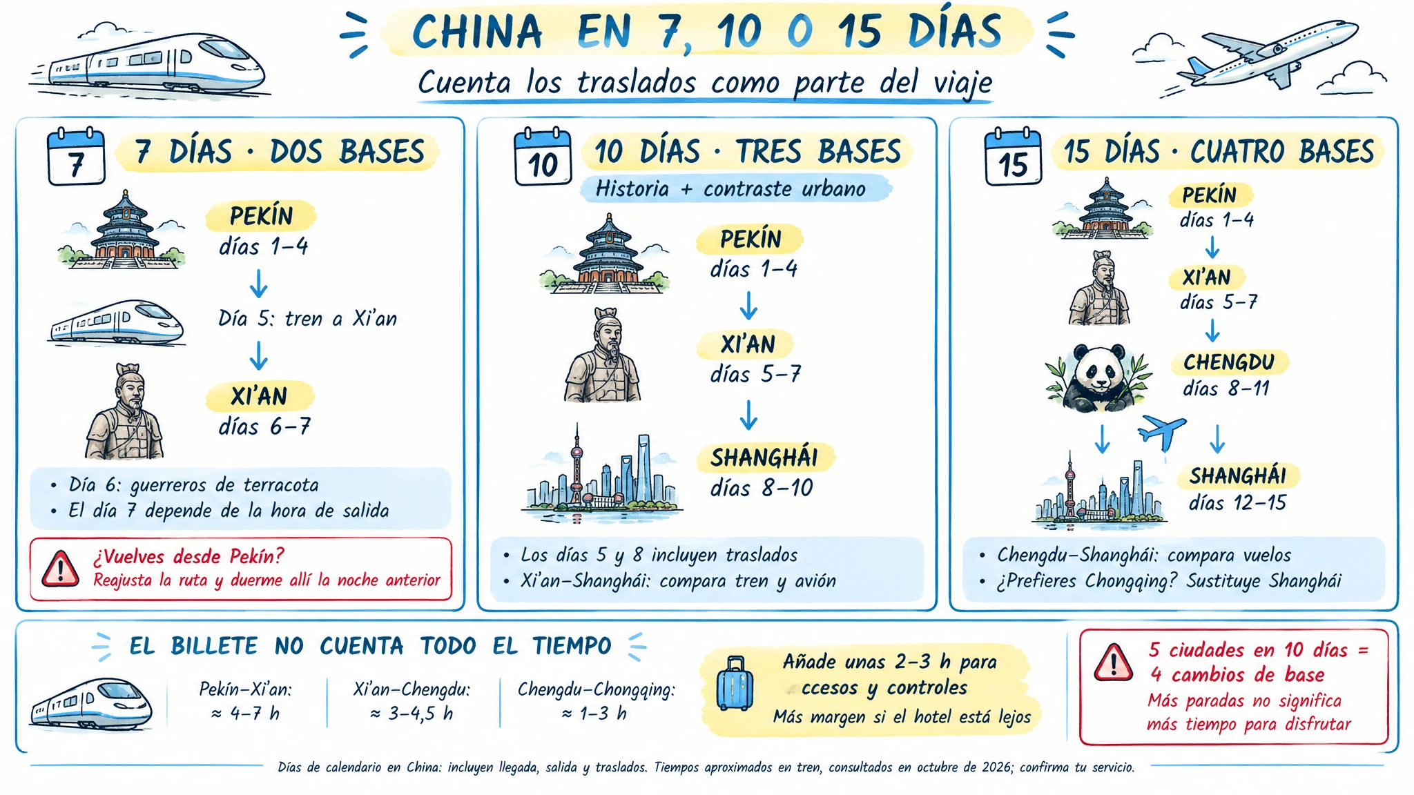 Rutas por China de 7, 10 y 15 días con tiempos de traslado y consejos de regreso