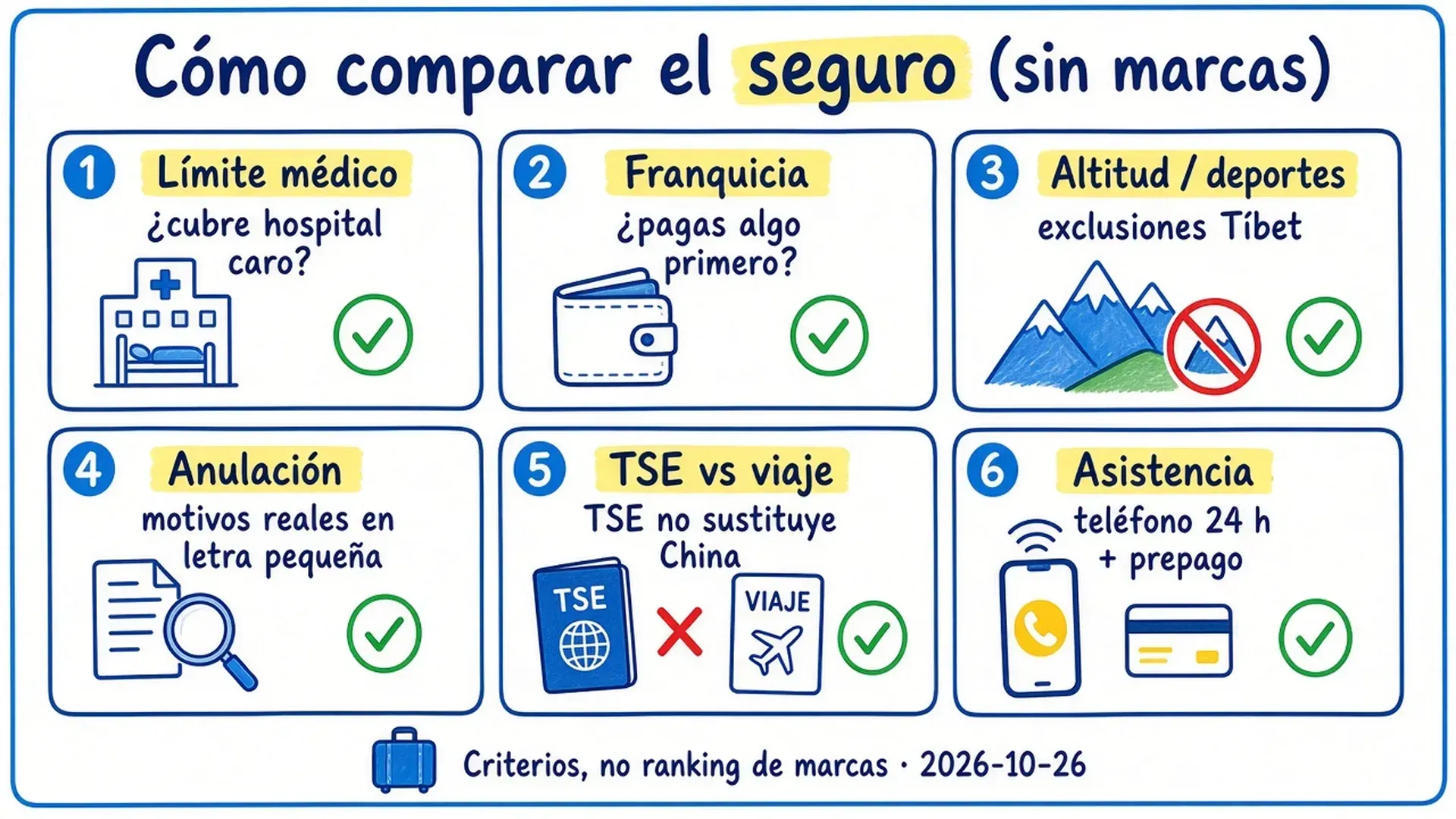 Seis criterios para comparar el seguro de viaje a China sin ranking de marcas