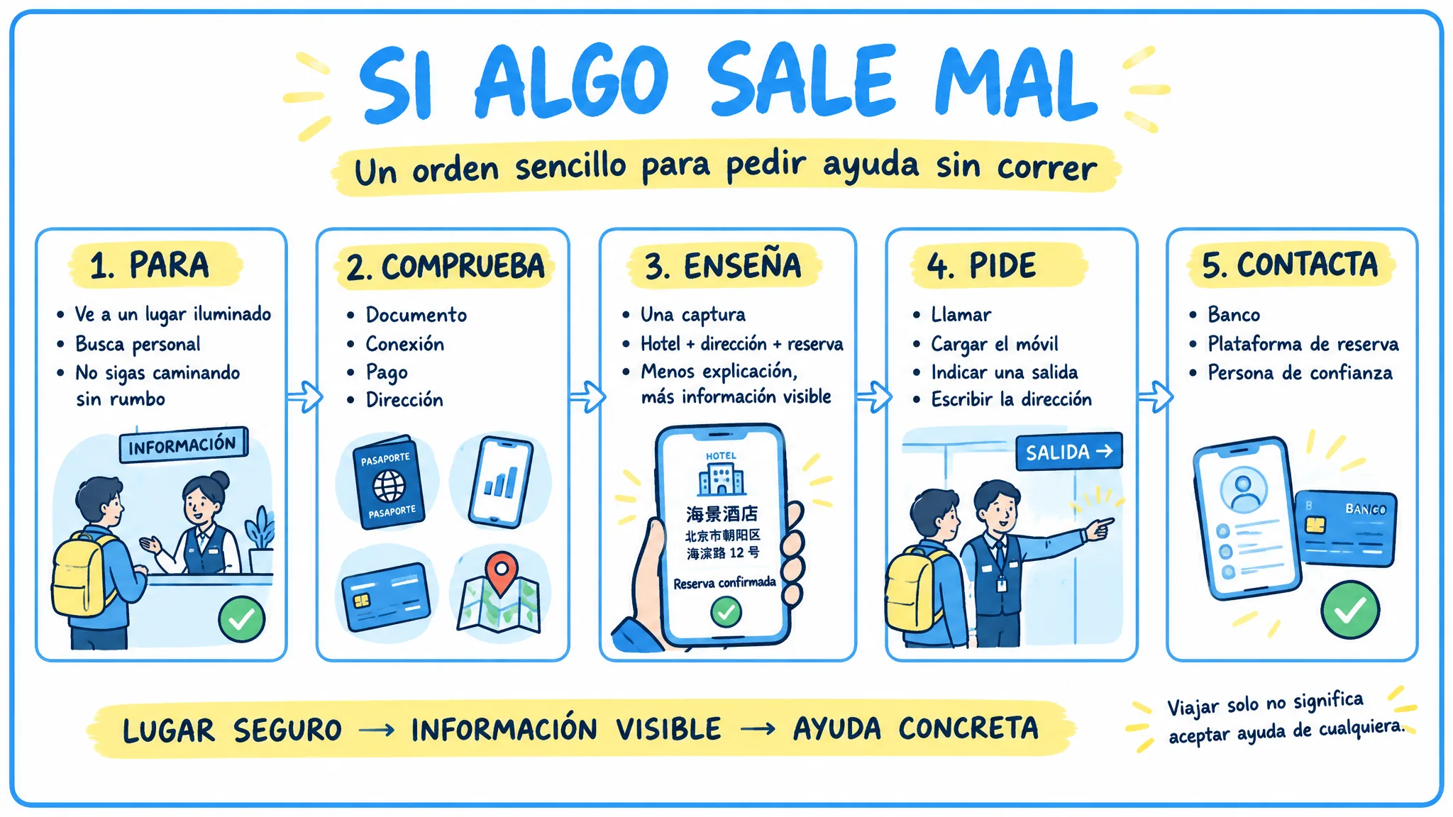 Flujo de cinco pasos para resolver un problema durante un viaje solo por China