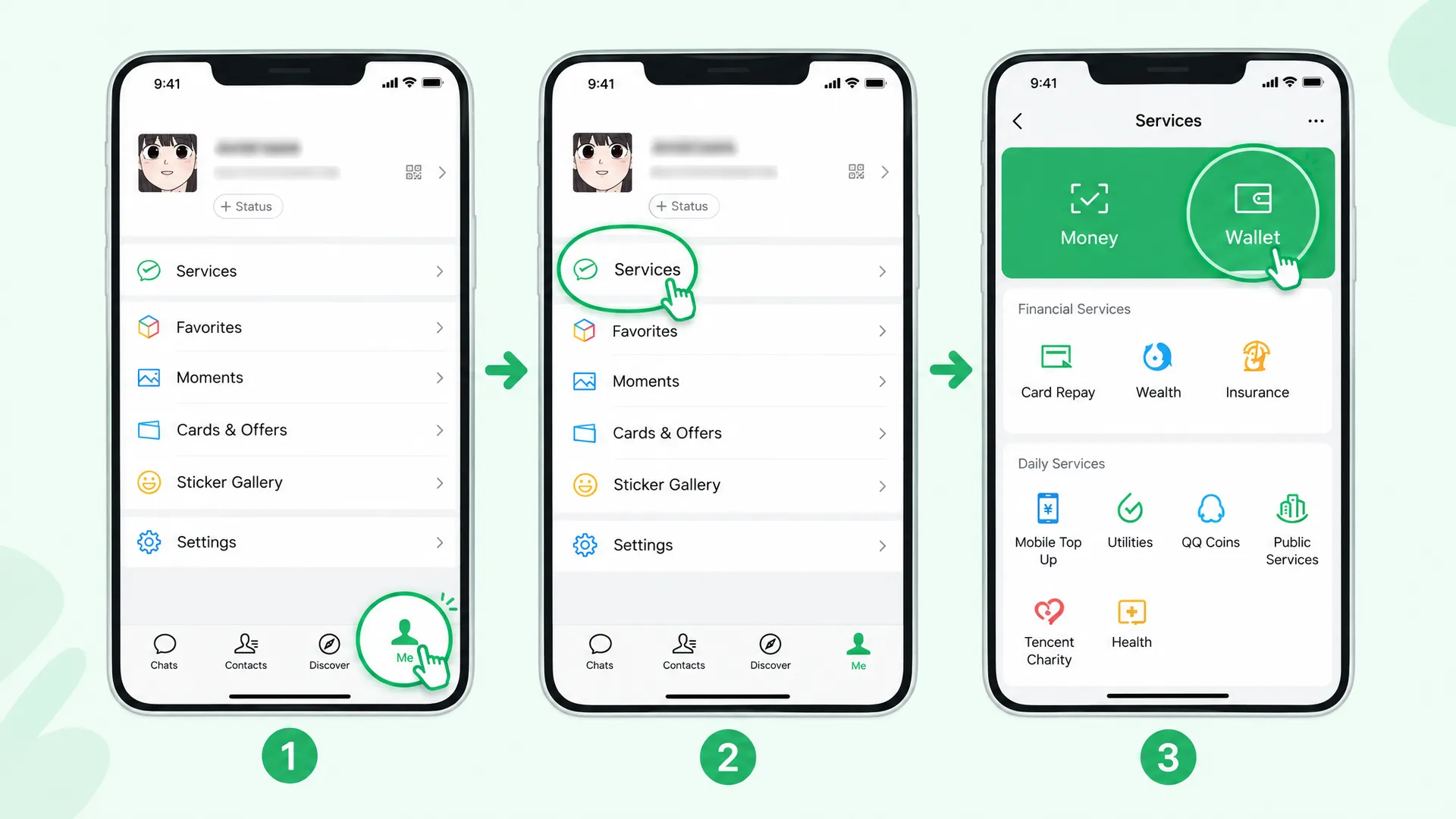 Flujo Me → Services → Wallet en WeChat (pasos 1–3)