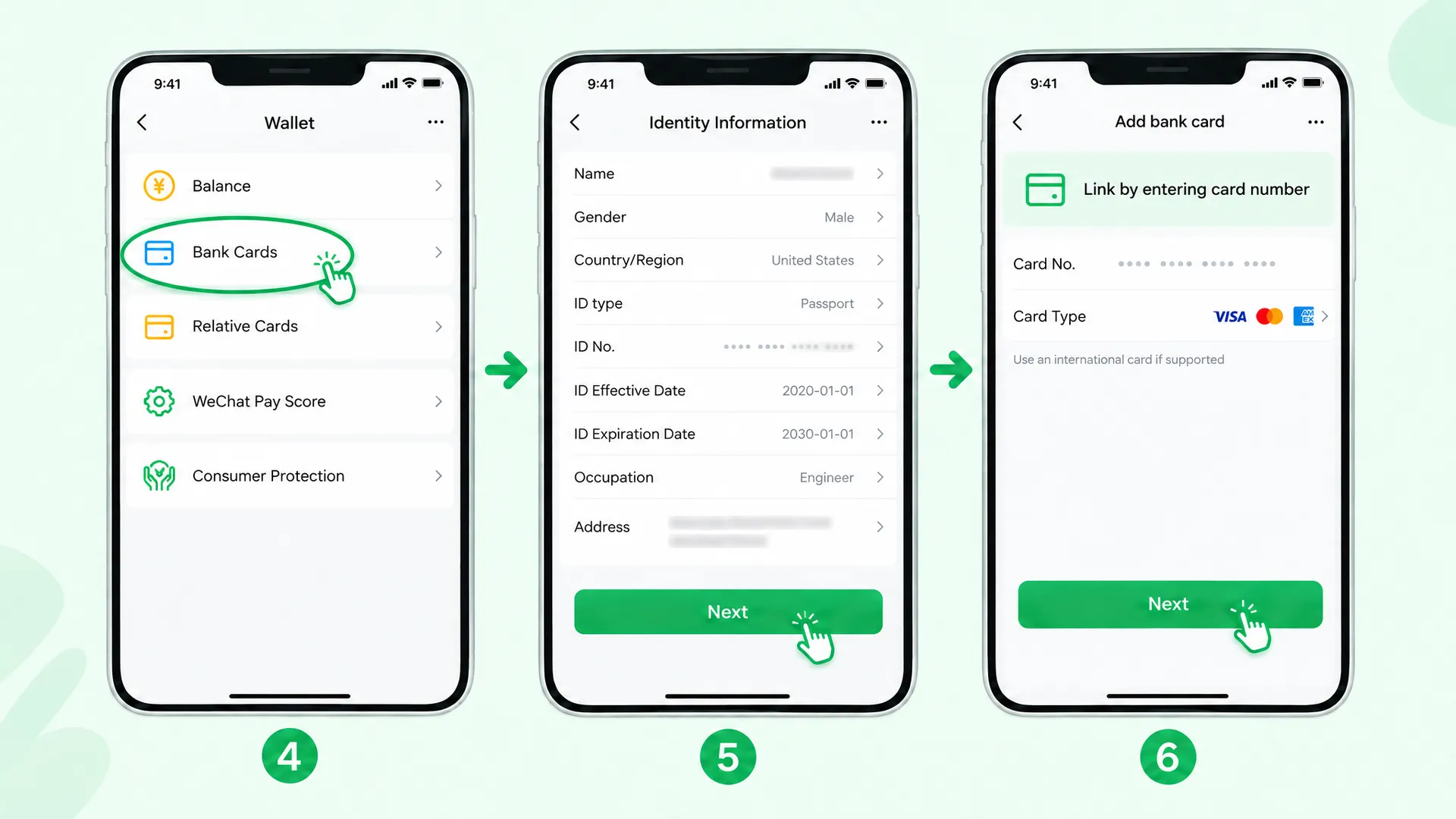 Wallet → Bank Cards → Identity (Passport) → Add bank card
