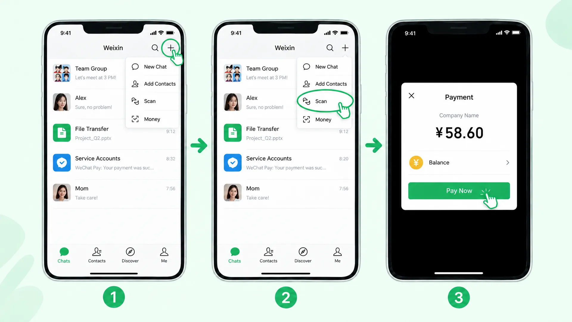 Chats → (+) → Scan → Pay Now en WeChat Pay