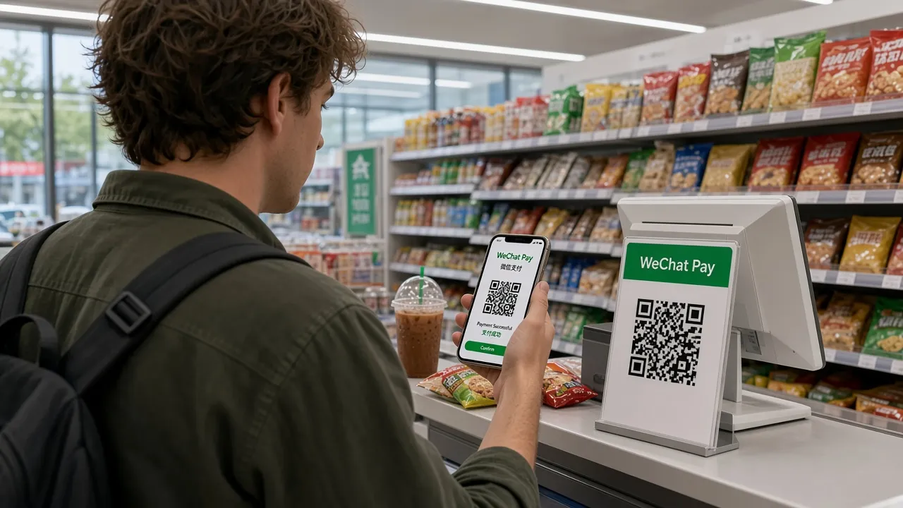 Turista pagando con WeChat Pay en tienda de conveniencia