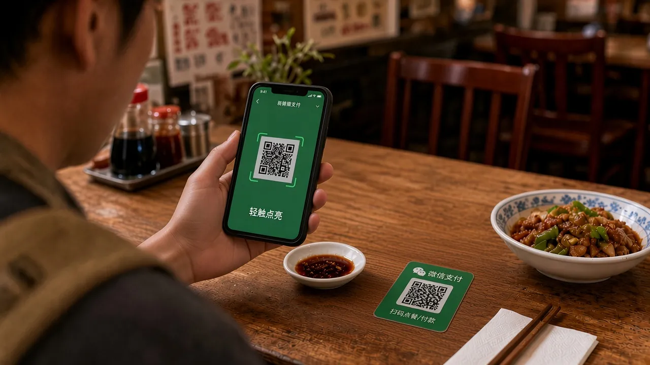Escanear el QR de WeChat Pay pegado en la mesa del restaurante